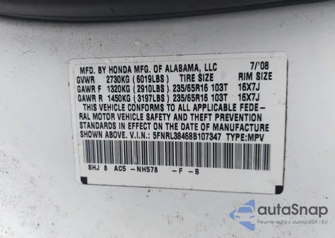 2008 Honda Odyssey Ex из США, поврежденный, VIN 5FNRL38468B107347